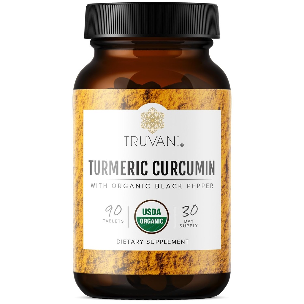 Truvani אורגני Turmeric Curcumin טבליות 1,350 מ"ג כל אחד - תמיכה טבעית משותפת עם Black Pepper עבור Absorption - 90 טבליות