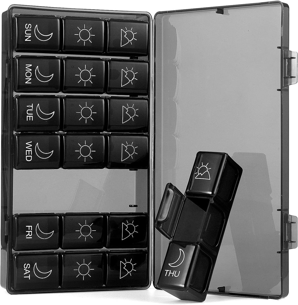 מארגנת גלולות שבועיות 7 ימים 3 פעמים, Portable Pill מארגנת, BPA Free Pill Case, Travel Daily Pill Boxתזכורתer, מארגנת תרופות עבור ויטמינים, תוספים (Black1)