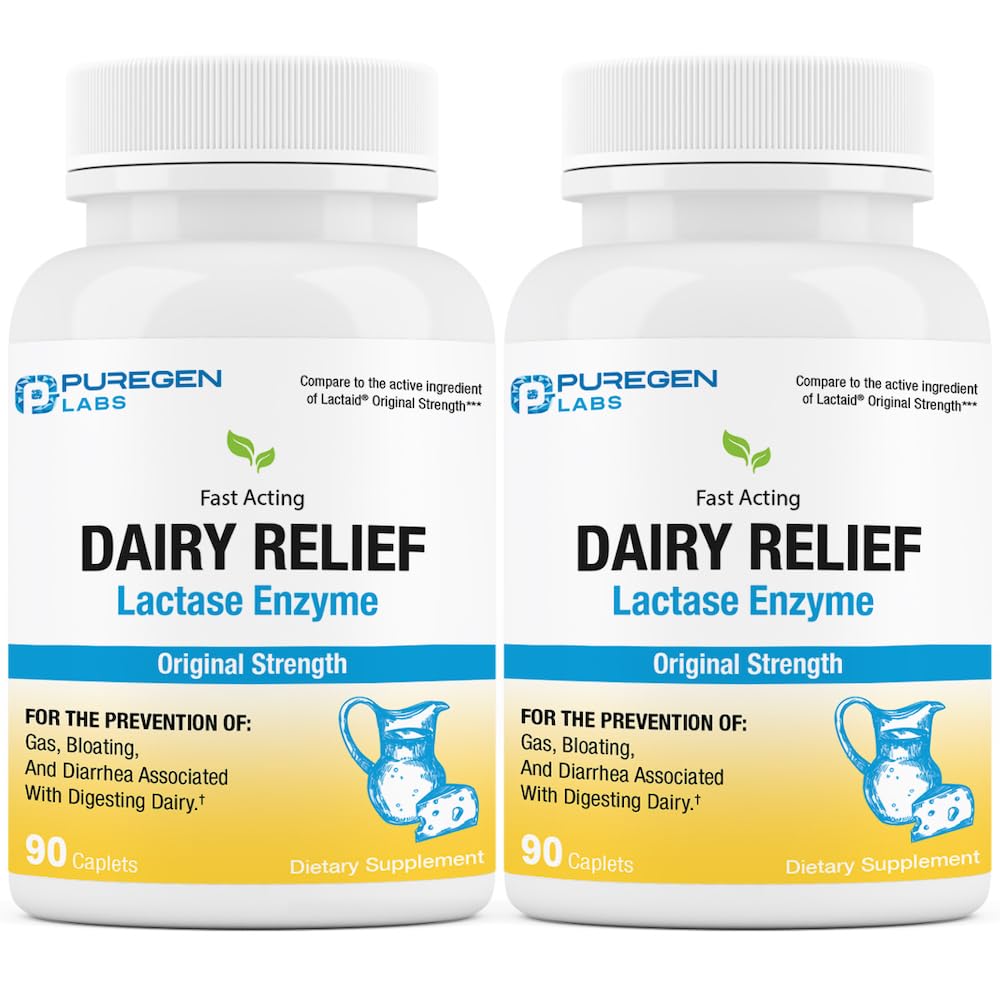 Puregen Labs Milk Relief Natural Fast Acting Lactase Enzyme 3000 FCC, Lactose Intolerance Pills
