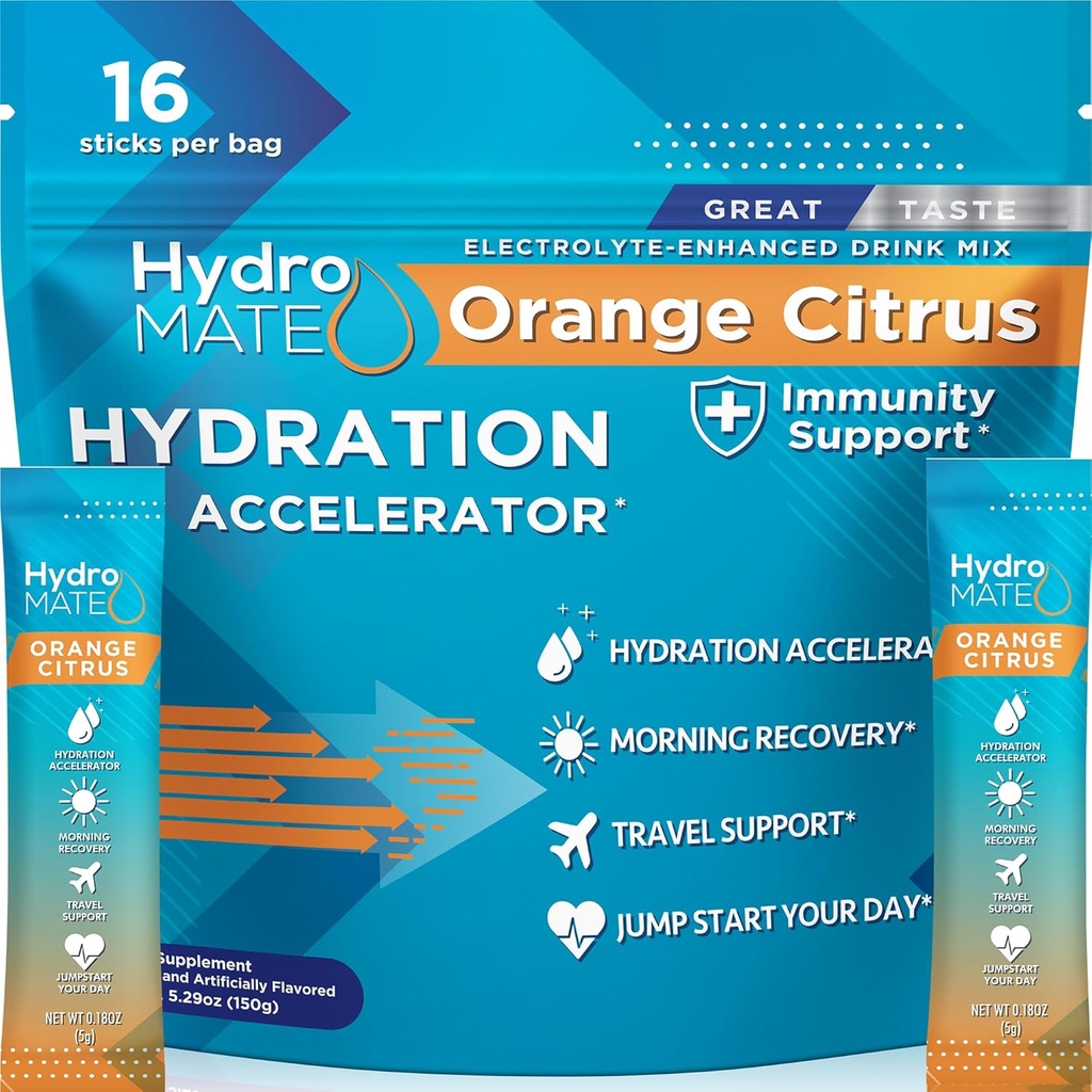 אבקת hydroMATE Electrolytes עם סוכר נמוך - 16 חבילות לחות מיידיות עם ויטמין C כתום כדי לשפר את האנרגיה - דלת סוכר אלקטרוליטים אבקת Packets כדי לתמוך בשיקום של המפלגה המהירה