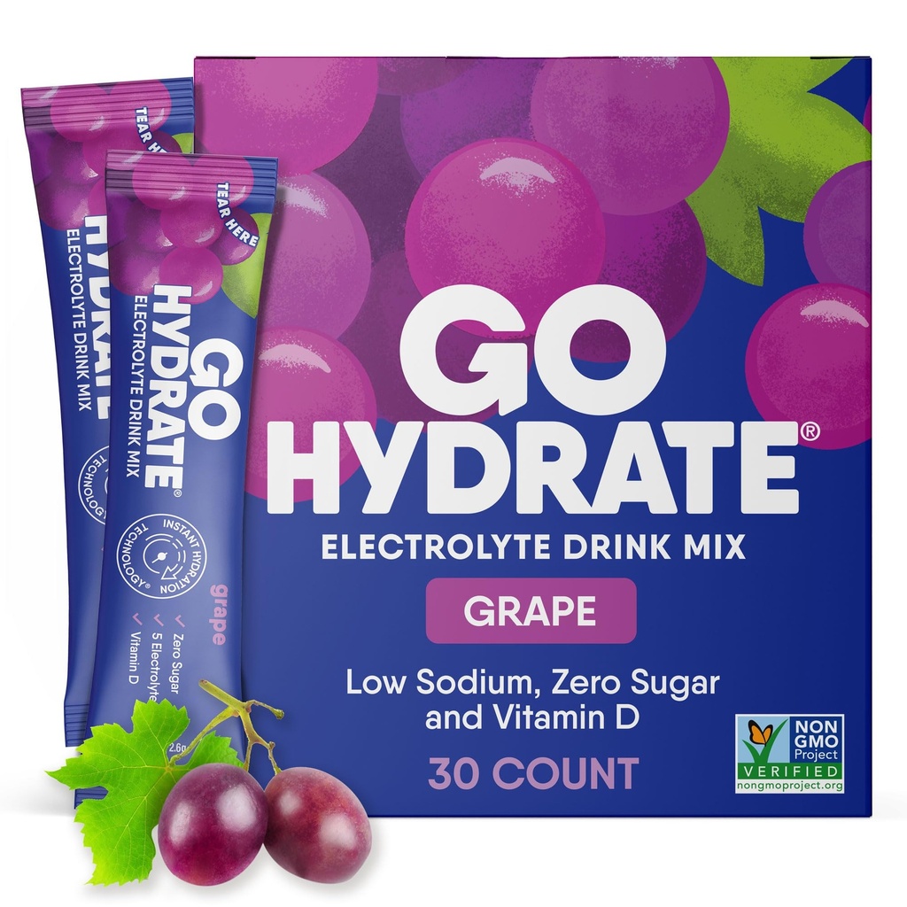 GoHydrate hydrotion אבקת Packets - Low Sodium Electrolytes לשתות Mix - תמיכה טבעית של הידרה, סוכר חינם אלקטרוליטה פלבדור עם ויטמין D, 30 Packs, Grape