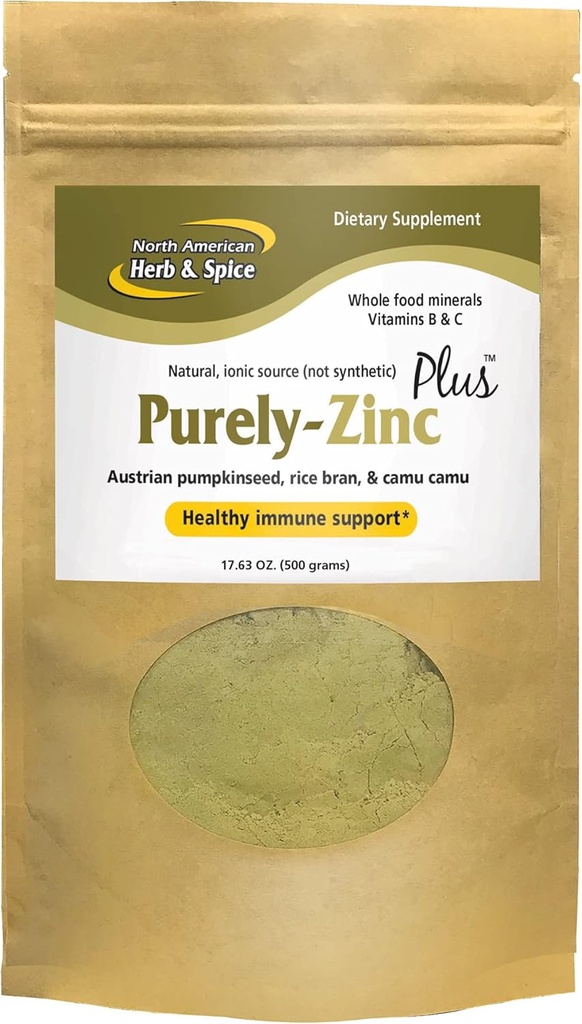 North American Herb & Spice Purely-Zinc Plus - 17.63 oz - Whole Food Zinc תוסף - תמיכה תזונתית בריאה - משאבה אוסטרית Seed, Rice Bran & Camu - Non-GMO - 18 משרתות
