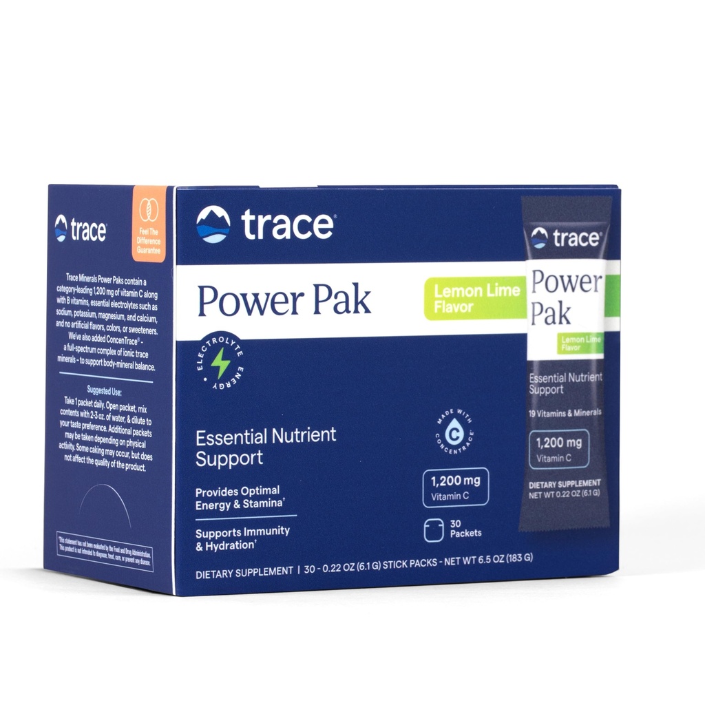 Trace מינרלים Power Pak Multivitamin ו- Multimineral Packets - תמיכה אלקטרוליטית - 1200 מ"ג ויטמין C בתוספת 70+ Trace מינרלים - לימון Lime Flavor - 30 Packets