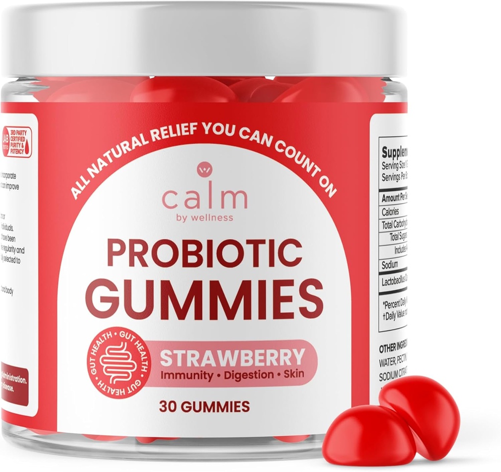 Calm by Wellness Probiotics, Strawberry-Flavored, All-Natural טבעוני פרוביוטיקה למבוגרים, 10 מיליארד CFUs, פרוביוטיקה עבור סדירות Digestive, Immunity, Skin Health ו- Gut Health