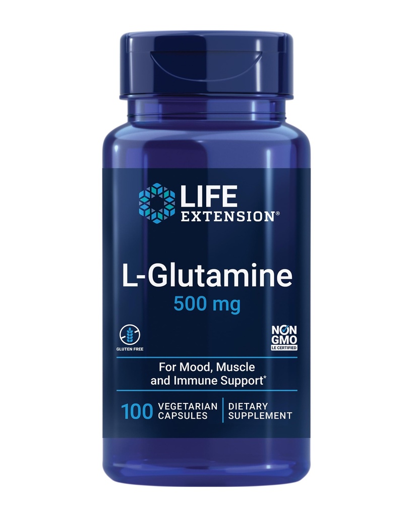 Life Extension L-Glutamine, 500 mg L-glutamine, Amino Acid, Supports Muscle Health and Immune Health, Gluten-Free, Non-GMO, 100 Vegetarian Capsules
