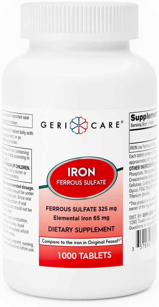 GeriCare Ferrous Sulfate Tablet 325 מ"ג, Elemental Iron 65 מ"ג תוספת ברזל עתיר שומן | תוספת של 1000 Count.