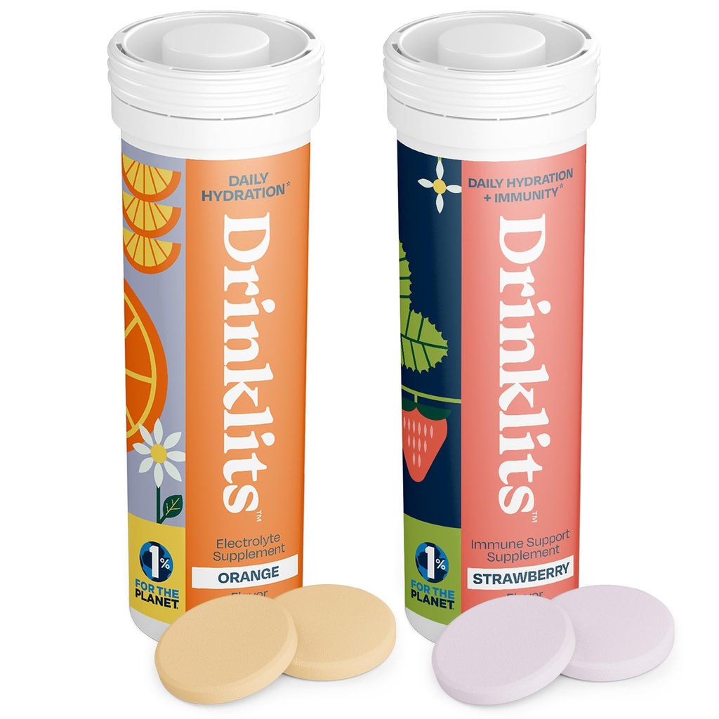 שתייתים Orange Daily hydrotion Tablet + Strawberry Immunity Tablets (2) Tube Pack | Essential Electrolytes - Great Taste - Immune Support; 20 משרתות (10 טבליות Per Tube)