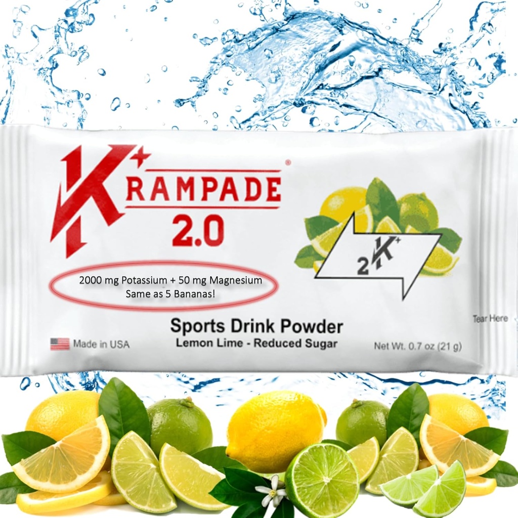 Krampade Potassium Magnesium תוסף אבקה אלקטרוליטים 50 מ"ג + 2000 מ"ג K, >2X יותר מאשר קוקוס מים | Cramp הקלה