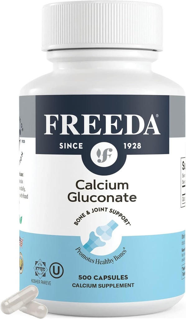 Freeda Calcium Gluconate - תוספי מזון טבעוני כשר - Easy to Digest & Absorb - תומך כוח העצם - Calcium טהור ללא ויטמין D - (500 קפסולות)
