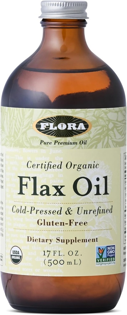 פלורה - שמן Flax - Cold-Pressed, Unrefined, Organic Flax Seed שמן - מכיל אומגה 3 & אומגה-6 - non-GMO & Gluten-Free - Keep Chilled - 17 fl. oz. Glass בקבוק זכוכית