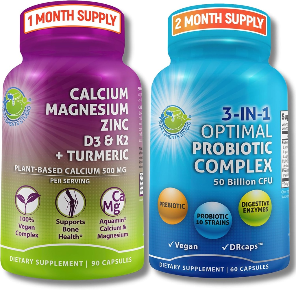 Bone Health & Gut Support Bundle - 3in-1 Probiotic 50 מיליארד CFU, Prebiotic and Digestive Enzymes + Plant-based Calcium, Magnesium, Zinc, D3, K2 & אורגני Turmeric - טבעוני, non-GMO, תווית נקייה