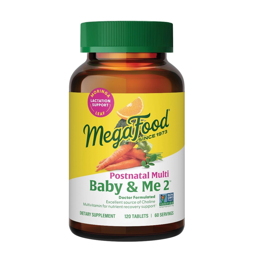 Mega Food Baby & Me 2 postnatal ויטמינים לנשים הנקה עם Folate (Folic Acid Natural Form), Choline, Iodine, ויטמין D, Moringa Leaf ועוד - 120 טבליות (60 משרתים)