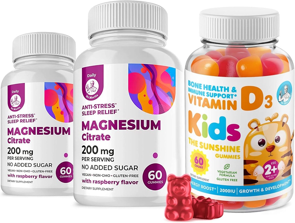 ויטמין D Gummies לילדים & Adults 2000 IU ו Magnesium Gummies - ויטמין D3 בריא תוספי 1000IU - תמיכה ללא תשלום צמחונית עם מגנזיום חינם סוכר