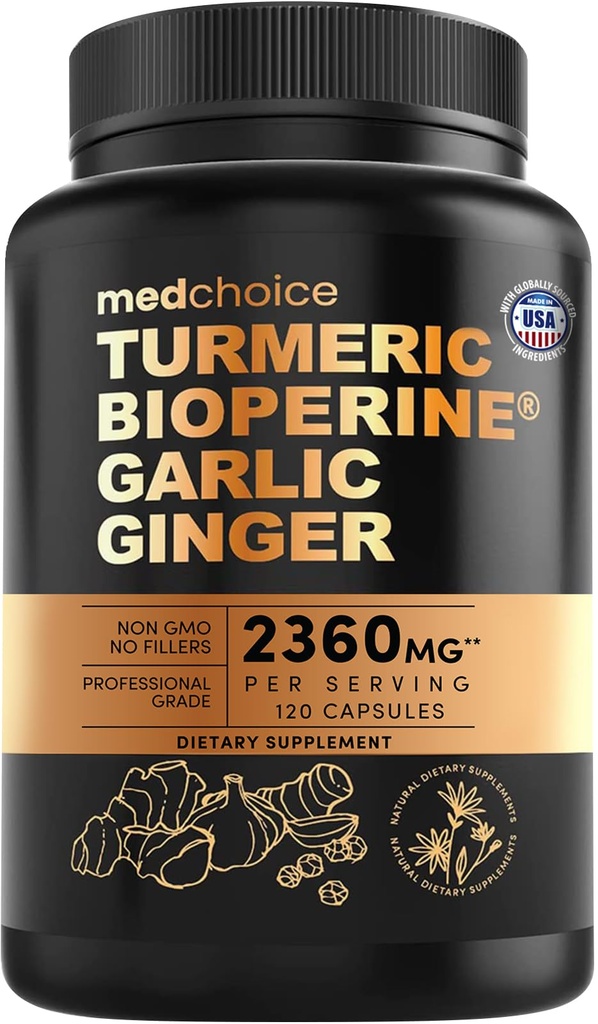 4in-1 Turmeric ו Garlic תוספת עם bioPerine - 2360 מ"ג Turmeric ג'ינג 'ר Root קפסולות שורש עם Garlic - High Potency Herbal Bell (120 ct)