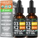 (2 Pack) ויטמין D3 K2 טיפות עם אומגה שמן MCT 3, 5000 IU - נוזל D3, No Fillers, non-GMO, Immune Support (Unflavored, 2 Fl Oz)