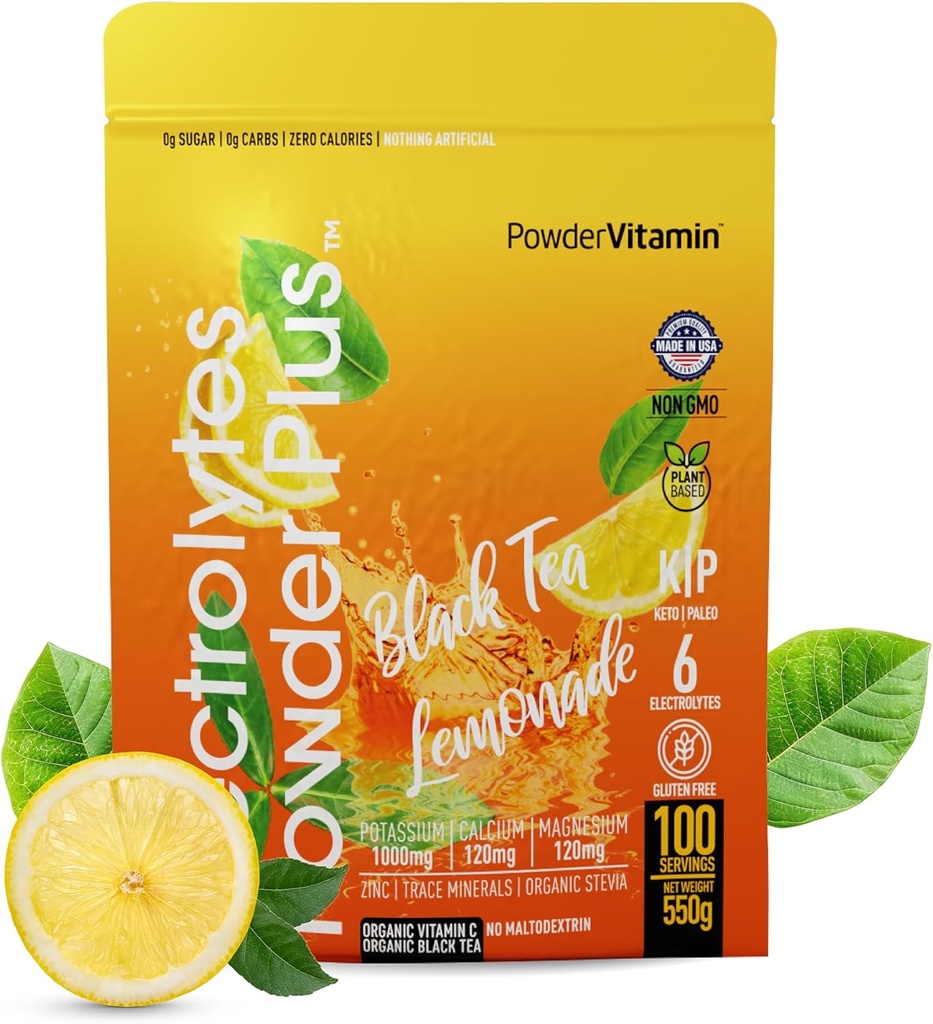 אבקהVitamin אלקטרוליט אבקת פלוס (100 משרתים) Black Tea Lemonade Electrolyte אבקת Zero Calorie Keto,0 סוכר, No Maltodextrin, 1000mg Potassium, 120 מ"ג Calcium, 120 מ"ג מגנזיום, אבקת hydrotion אבקת אבקת דלקה, 0 סוכר, No Maltodextrin,1000mg Potassium, 120mg Calcium, 120 מ"גנזיום, 120 מ"גנזיום, 120 מ"גנזיום, 120 מ"מ מגנזיום.