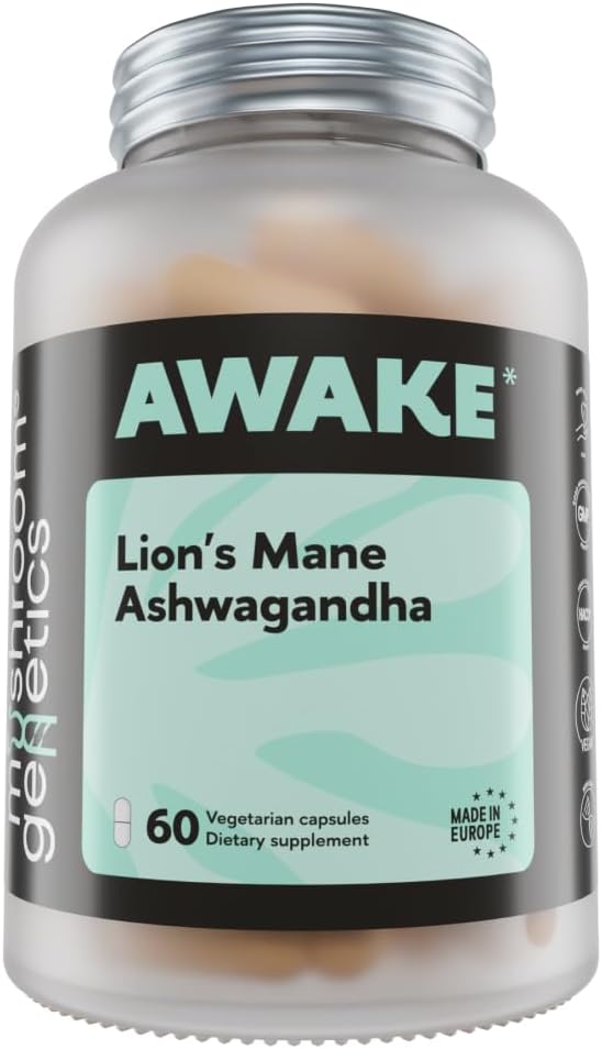 Mushroom Genetics Lions Mane & Ashwagandha תוספי קפסולות - Nootropic Mushroom for Brain, Memory & Stress הקלה | פרי הגוף & Ashwagandha Root for Focus, Energy & בריאות | 60 קפסולות