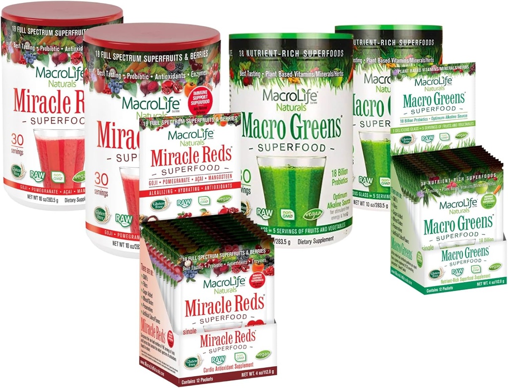 MacroLife Survivor 6-Countdle, 2 Macro Greens 10oz +1 Packet Box (12ct), 2 נס Reds 10oz +1 Packet Box (12ct)