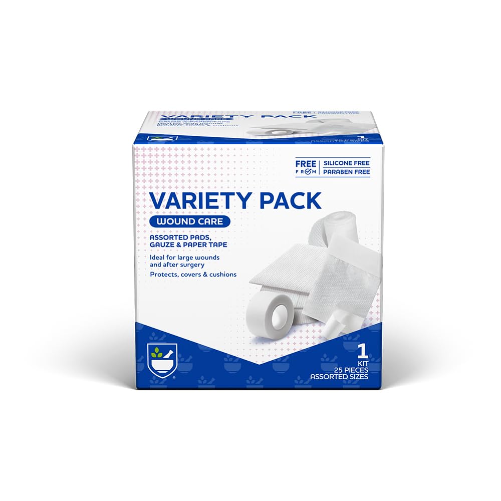 Rite Aid First Gauze Pads, Variety Pack - כולל 25 Assorted Gauze Pads & Tape | Sterile Gauze Pads