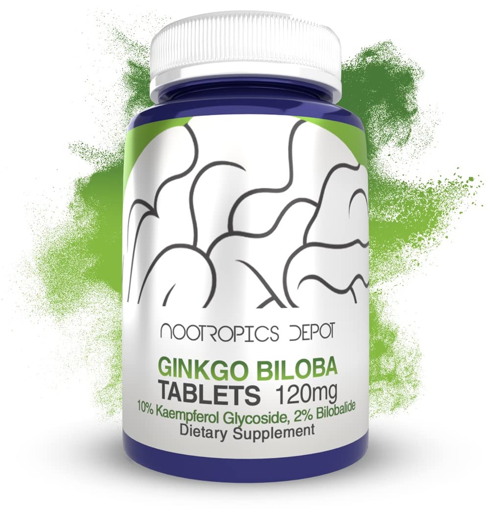 Nootropics Depot גינקו בילובה לחלץ טבליות | 120 מ"ג | 90 Count | מינימום 10% Kaempferol Glycoside + 2% Bilobalide | May Help לקידום קוגניטיבי & Cardiovascular Function