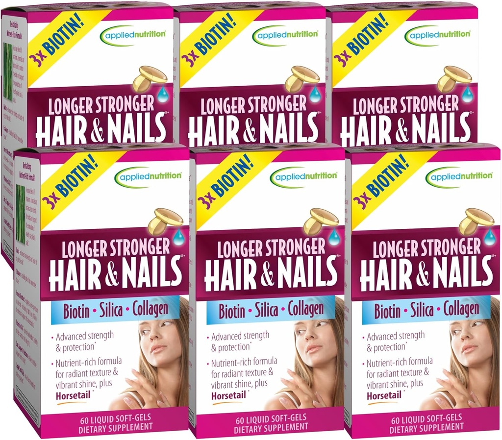 Applied Nutrition Longer Stronger Hair & Nails - 60 נוזל Soft-Gels, Pack of 6 - Biotin, Silica & Collagen - 180 משרתים