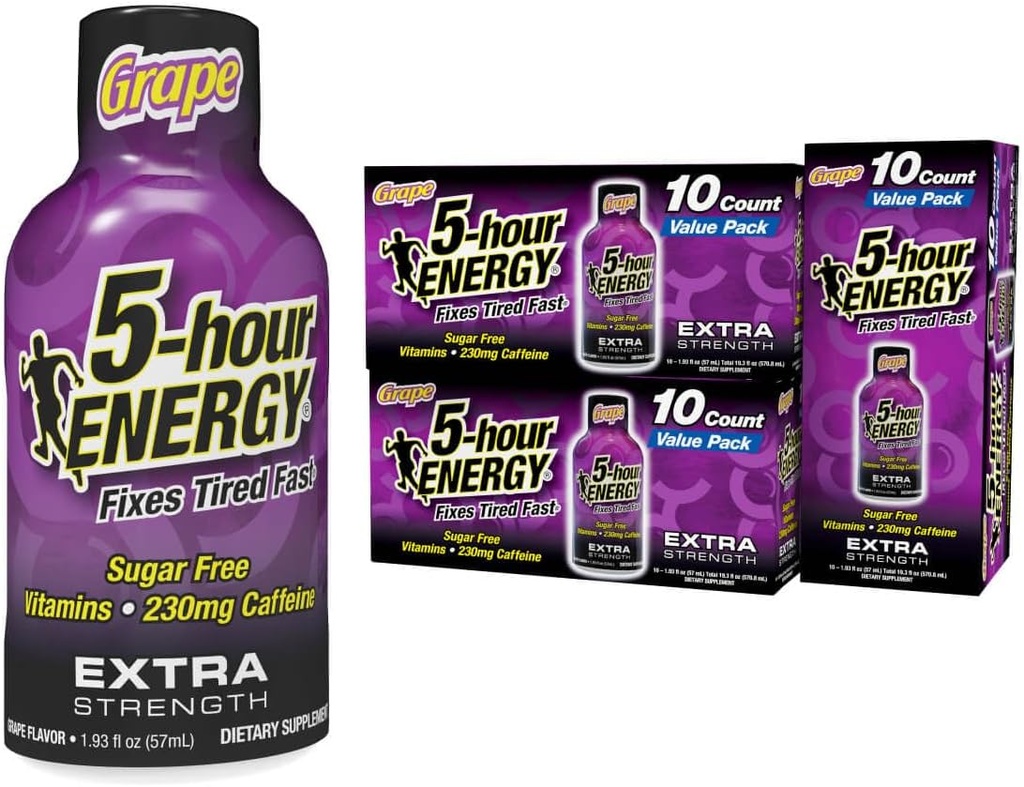 5 שעות ENERGY תוספת אנרגיה נורה, Grape Flavor, 30 Count, 1.93 oz., Zero Calories & Sugar-Free 230 מ"ג אנרגיה נורה, Amino Acids & B ויטמינים, תוספי תזונה