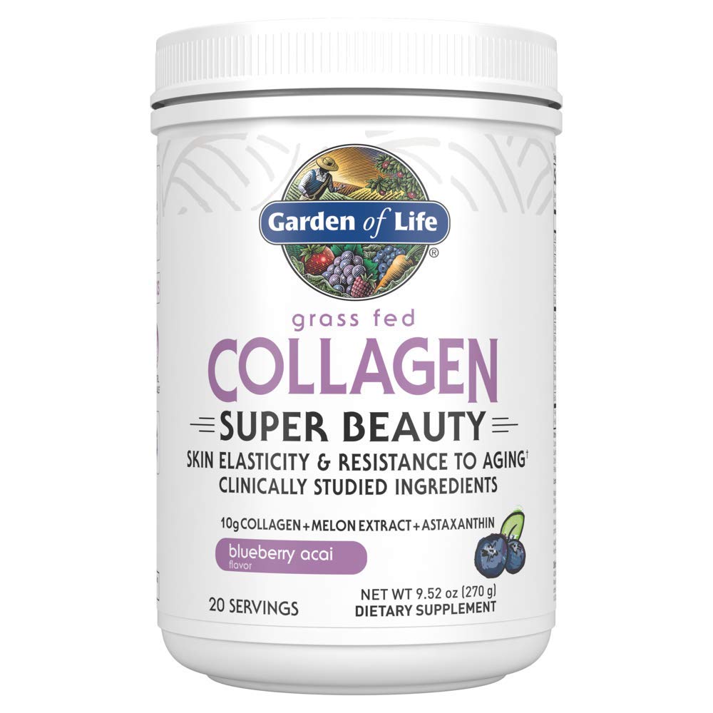 Garden of Life Grass Fed Collagen Super Beauty אבקה - Blueberry Acai, 20 משרתות, עבור נשים עור שיער נושרים במשותף, קולג'ן פפטידים אבקת + חלבונים תוספי מזון