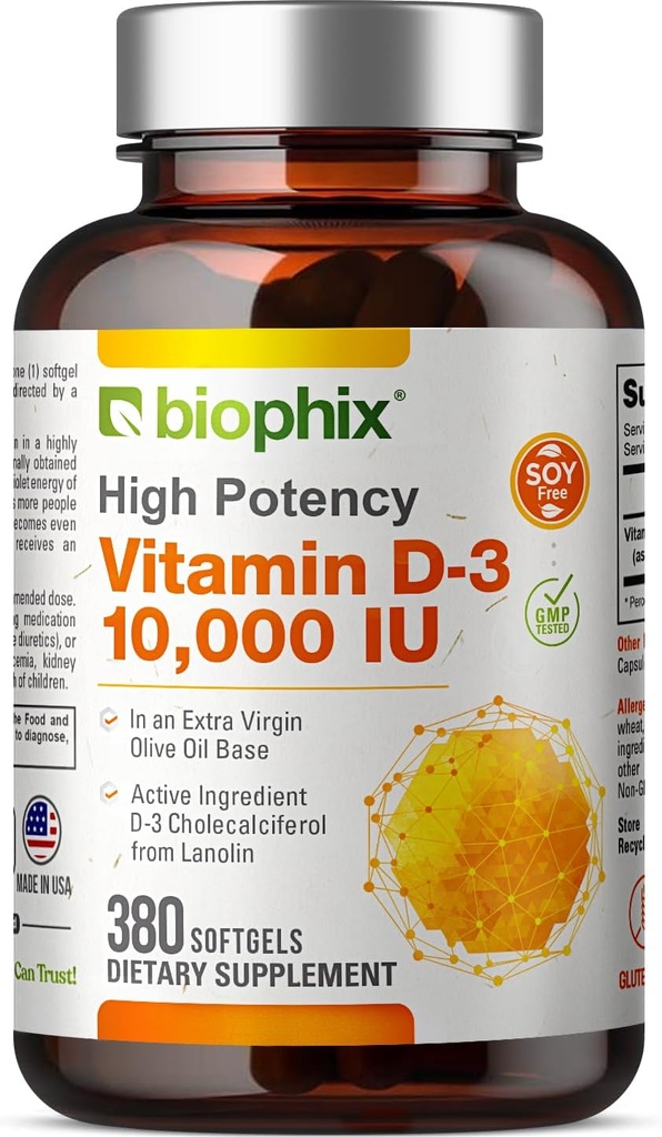 biophix ויטמין D-3 10000 IU 380 Softgels - High-Potency in אקסטרה Virginשמן שמן non-GMO Soy-Free Supports Strong Bones Immune Health