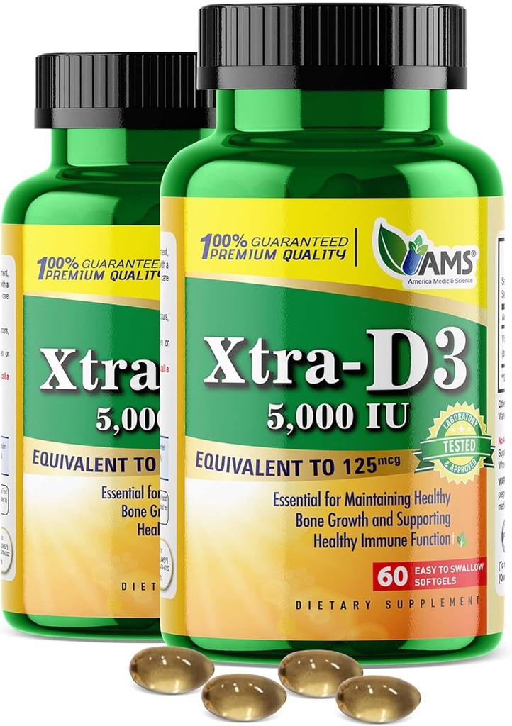 אמריקה Medic & Science Xtra D3 ויטמין D5,000 IU (125 mcg) Cholecalciferol תוספת עבור גברים ונשים (120Easy to Swallow Softgels) 2pack: Best for Bone,Heart Health, Immune System Support, Lung Function Function
