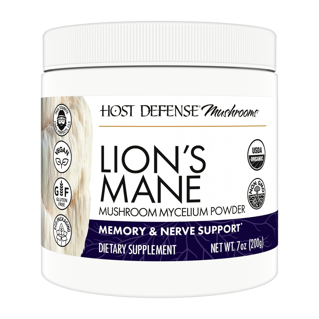 אבקת Mane של Host Defense Lion - תוספי תמיכה לבריאות המוח - תוסף Mushroom לתמיכה בתפקוד Focus & Memory - Immune & Nervous System Support - 7 oz (133 משרתים)
