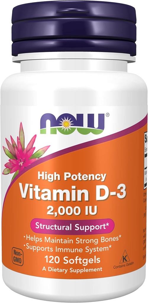 Now Foods Now ויטמין D-3, 50 mcg (2,000 IU), 120 Softgels, 3 Pack