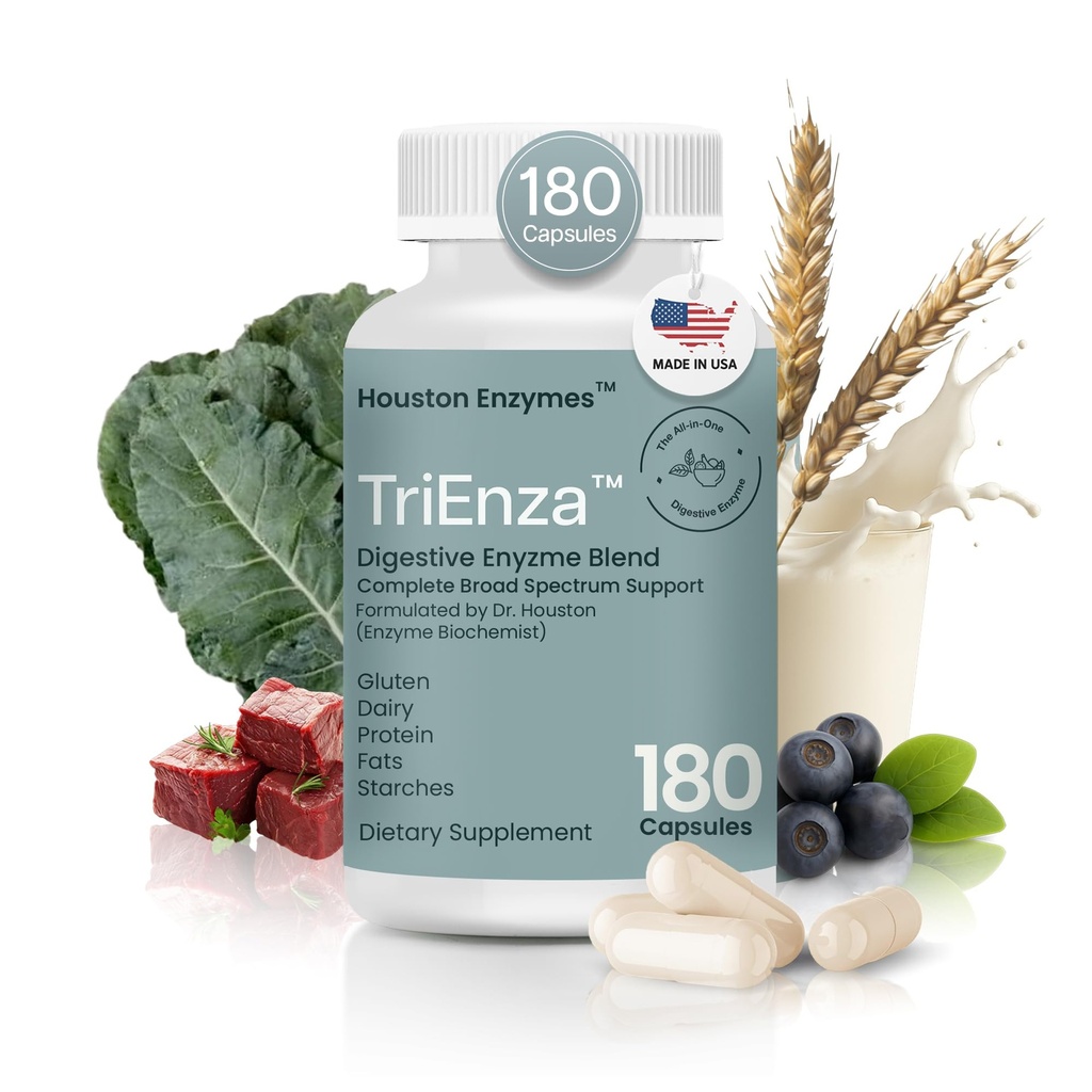 יוסטון Enzymes TriEnza Digestive Enzymes for Women & Men, תוספי Enzyme לחלבון, פחמימות, Fats & Polyphenols לעזור לשבור חיטה, חלב, סויה, 180 קפסולות (90 Doses)