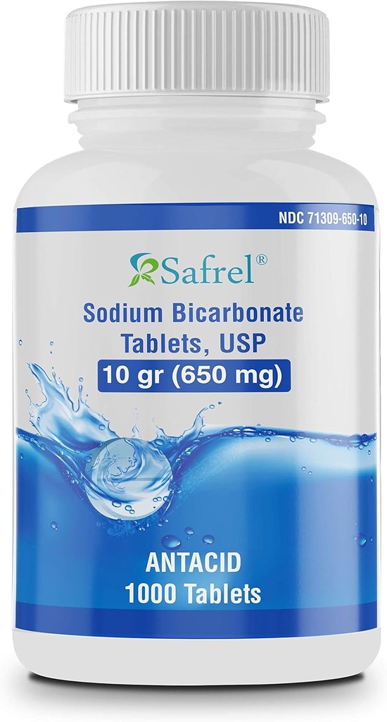 Saprel Sodium Bicarbonate Antiacid 650 מ"ג (10 Grain) 1000 Tablet | עבור הקלה של Acid Indigestion, Heartburn, Sour Stomach & Upset Stomach