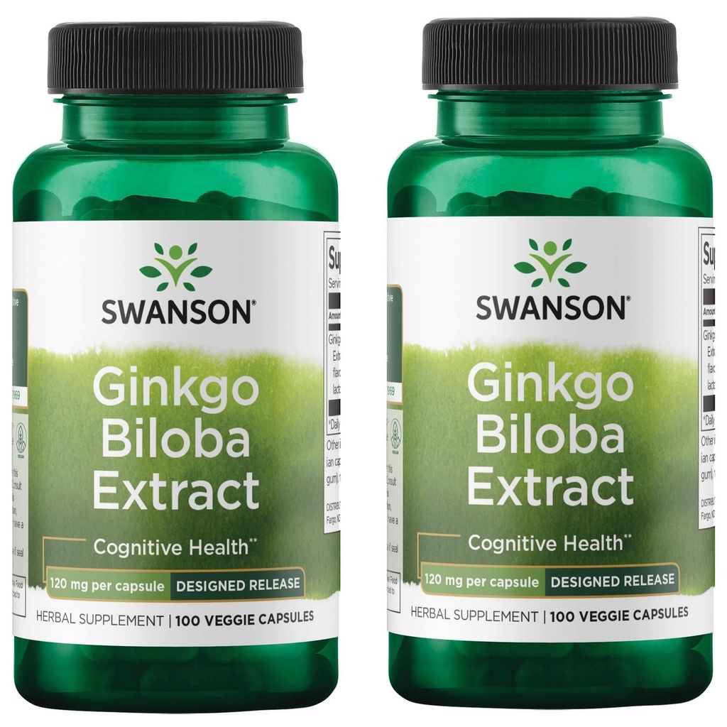 Swanson Ginkgo Biloba Extractized Delayed-Release Memory Brain Cognitive Function תוספי 120 מ"ג (24% flavone glycosides, 6% Terpene lactones) 100 Veggie Drcaps (2 Pack)