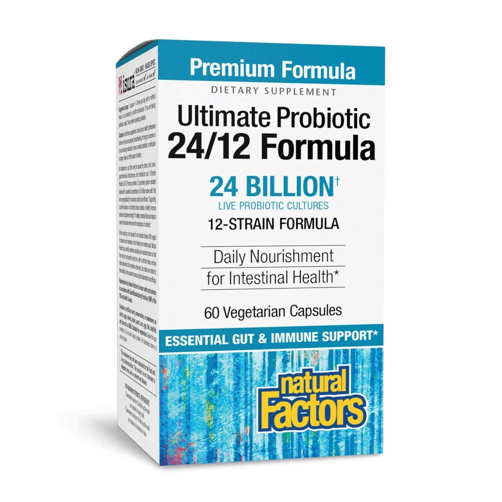 Natural Factors Ultimate Probiotic 24/12 פורמולה - תוספת לתמיכה בבריאות העיכול עם Probiotics - Immunity & Gut Health Support Supplement - 60 קפסולות צמחוניות (60 משרתים)