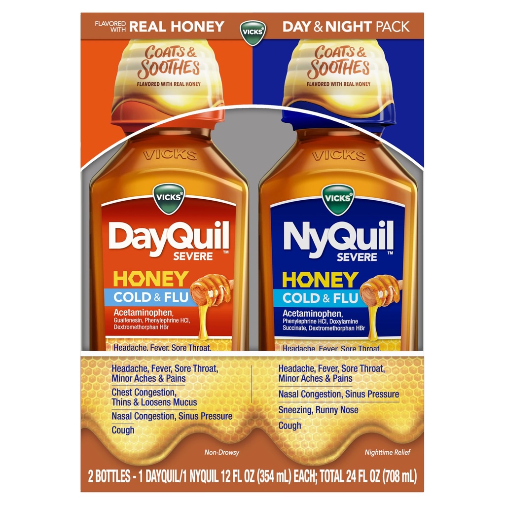 VICKS Day Quickl & Nyquil SEVERE Honey Flavor Co-Pack, Cold & Flu Medicine, Relieves Headache, Fever, Soreגרון, Small Aches & Pains, Nasalungestion, Sinus Pressure, Stuffy Nose, ו Cough, 2x12oz12oz12oz