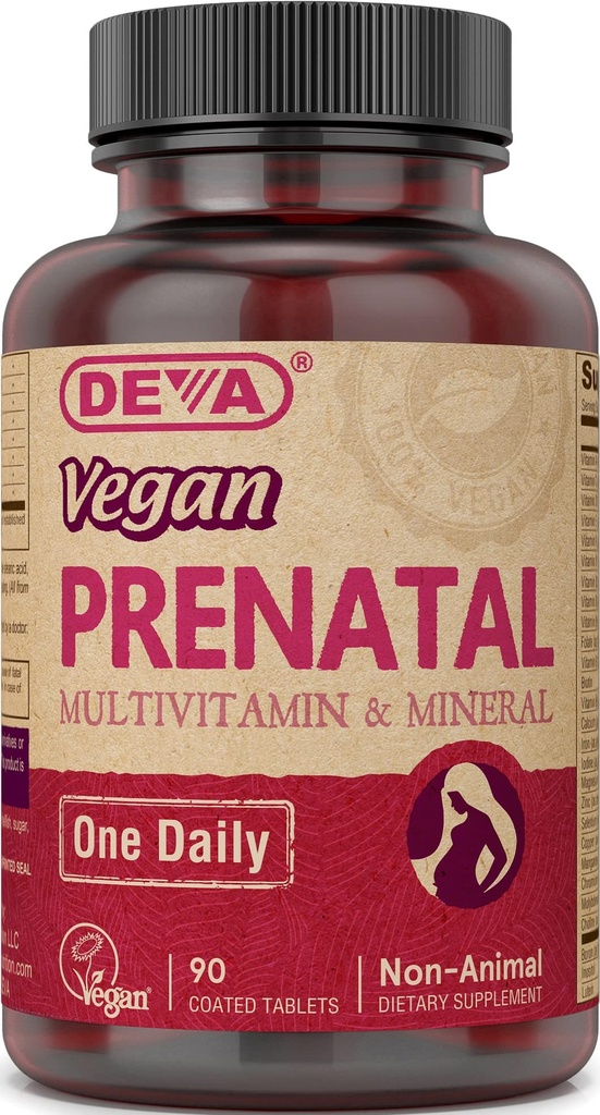 DEVA טבעוני Prenatal Multivitamin ומינרל תוסף - פעם-Per-Day פורמולה - ויטמינים A, C, D, E, K, B Complex, עם Folate & Chelated Iron - 90 טבליות coated, 1-Pack