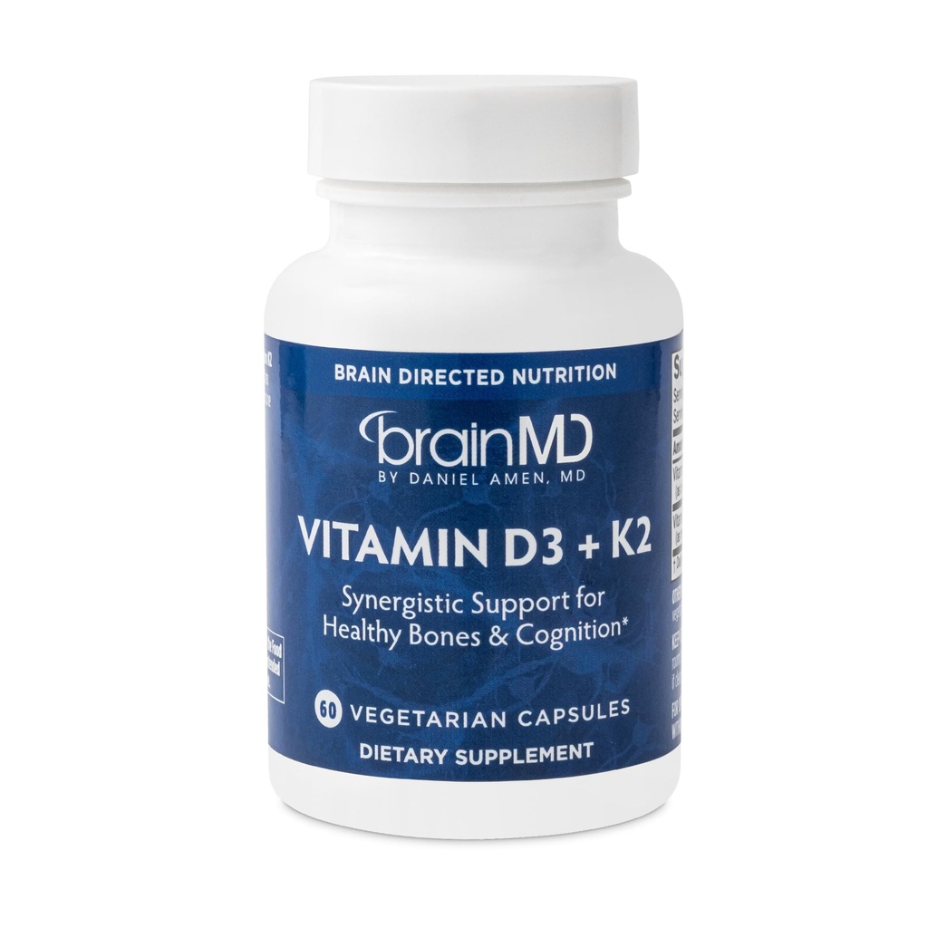 BRAINMD ויטמין D3 + K2-60 קפסולות - תמיכה סינרגטית עבור עצמות בריאים וקוגניציה - Gluten Free - 60 משרתים