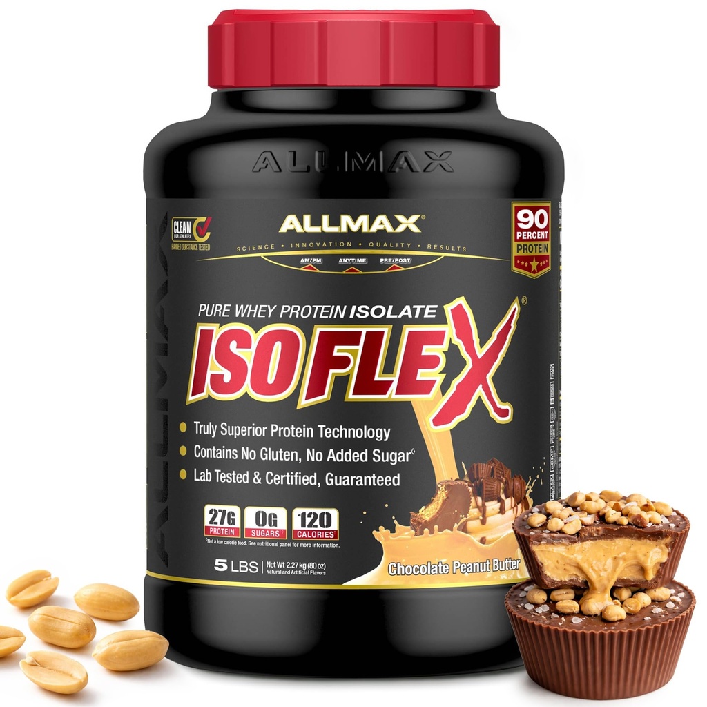 AllMAX Nutrition - ISOFLEX אבקת חלבון Whey, חלבון Whey חלבון Isolate, 27g חלבון, שוקולד בוטנים, 5 פאונד