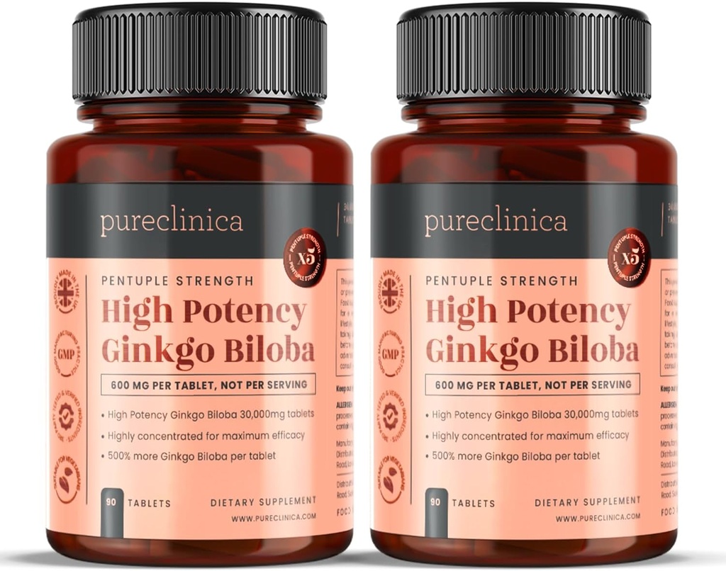 Pureclinica High Potency גינקו בילובה 30,000 מ"ג x 180 טבליות (2 בקבוקי 90) - 6 חודשים אספקה - 5 פעמים הכוח של מוצרים תחרותי