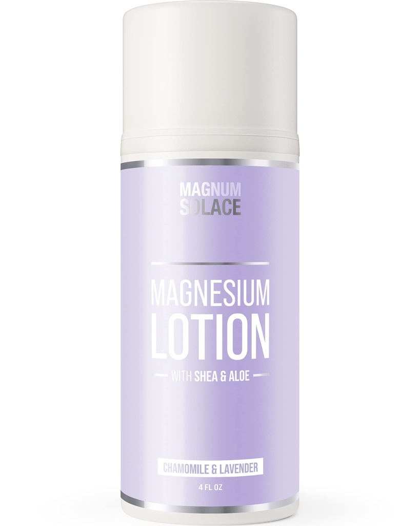 Magnum Solace Magnesium Lotion - Super Concentrated - Made with Aloe and Shea - For Leg Cramps, Sore Muscles & Joints, Rejuvenation - Safe for Kids, Made in the USA (Chamomile & Lavender)
