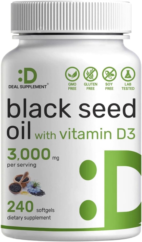 שמן זרעי שחור, 240 Softgels - Cold-Pressed Nigella Sativa, באופן טבעי Occurring Thymoquinone (TQ) - Non-GMO, No Gluten - Black Cumin Seed קפסולות נוזל עם ויטמין D3