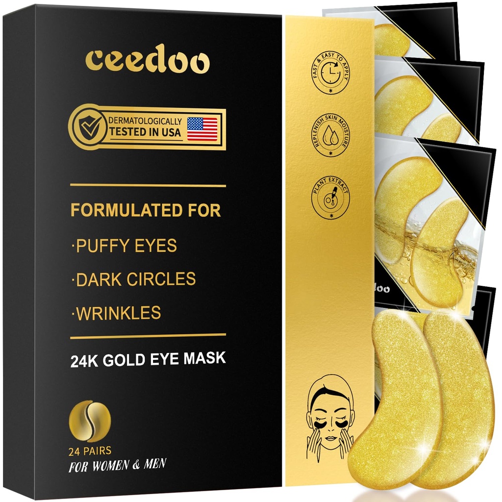 תחת עין פטס - 24 Pairs Gold Under Eye Mask for Puffy Eyes, Dark Circles, Eye Bags, Wrinkles, Collagen Eye Gels with Rejuvenating Treatment, Gifts for Women