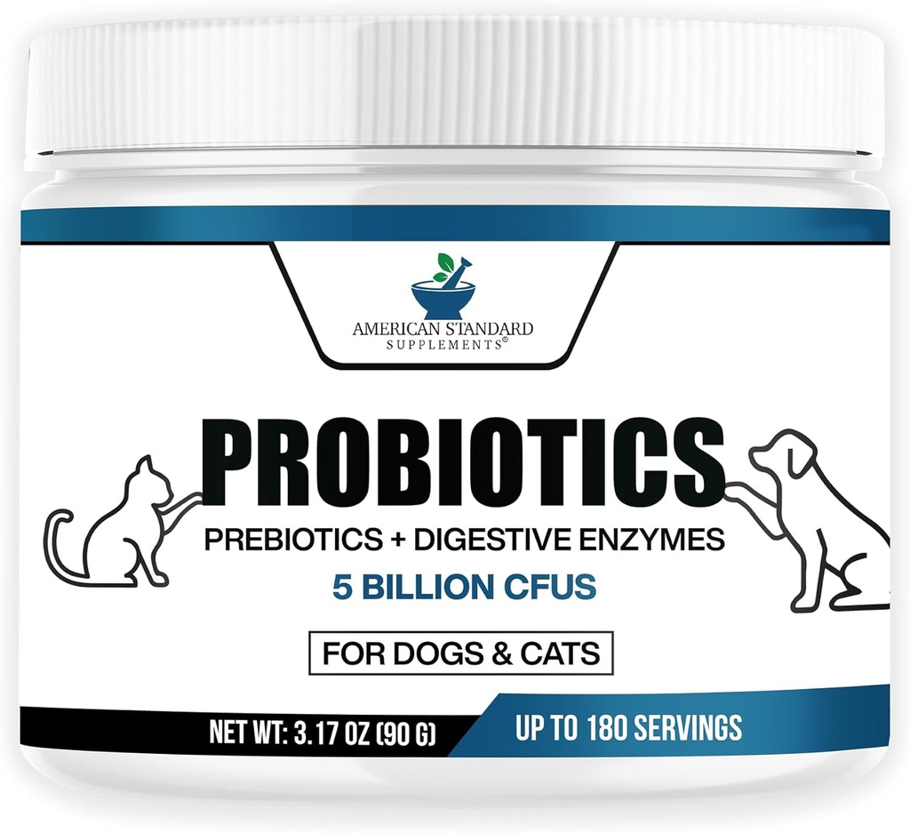תוסף סטנדרטי אמריקאי Probiotics for Dogs & Cats with Prebiotics & Digestive Enzymes, 5 מיליארד CFU, 9 סטרינס, 3.17oz (90g), 180 משרתים - כלב וחתול Probiotics for Gut Health &ion