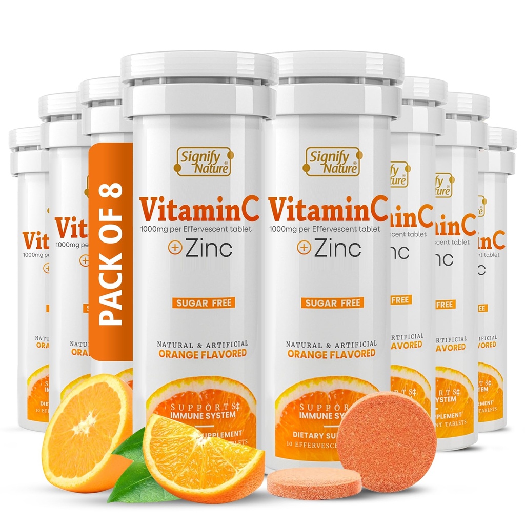 SIGNIFY NATURE ויטמין C 1000 מ"ג Effervescent Tablets - תמיכה בשומן VIT C עם תוסף Znc - Sugar-Free & Vegan Formula | Dissolvable ויטמין C Tablet - Water Soluble Fizzy Elixir - 80CT