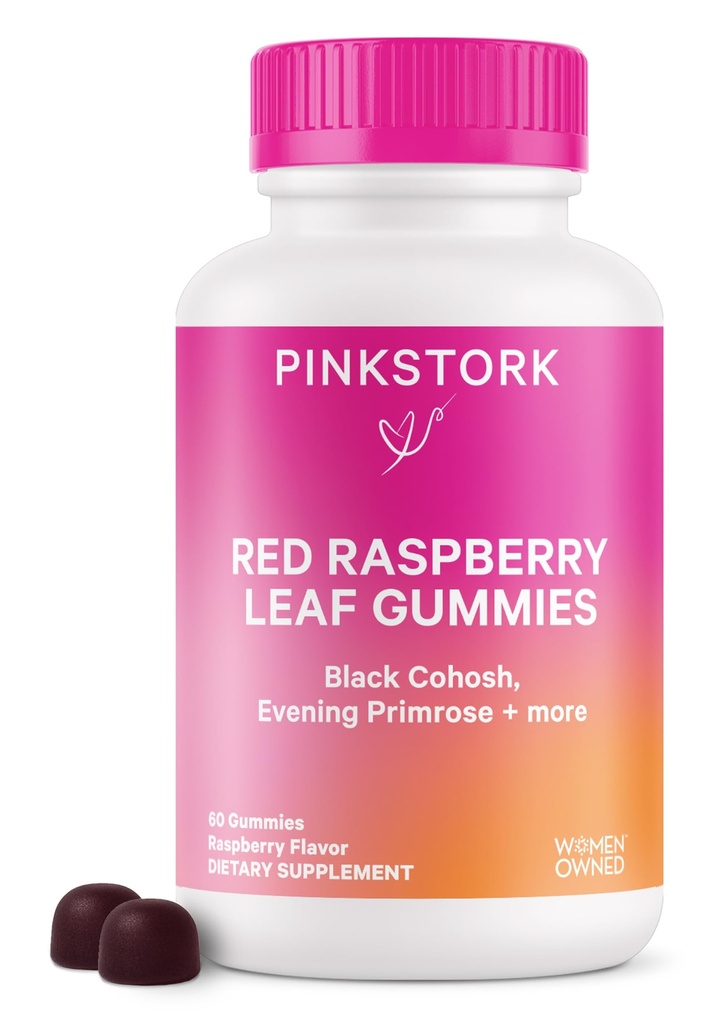 Pink Stork Red Raspberry Leaf Gummies - Third Trimester Labor Prep + Postpartum Mood Essentials with Evening Primrose Oil + Black Cohosh - 60 תוספי חניכיים, Non-GMO