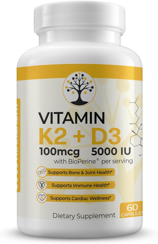 ויטמין D3 K2 תוסף, 5000 IU - תומך Immune ו- Cardiac, High Potency, Gluten Free, 60 קפסולות