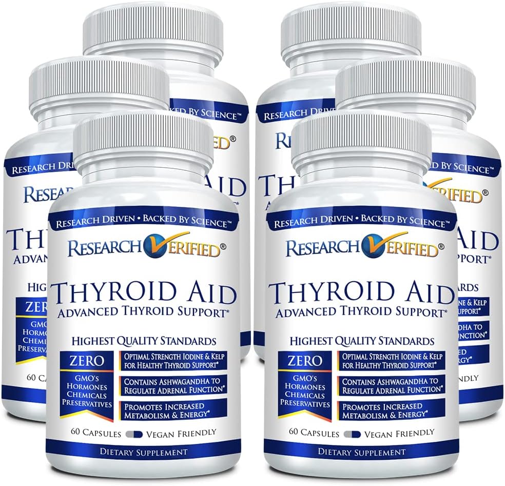 מחקר מאומת ® Thyroid Aid - Optimal Thyroid Function with Iodine, Copper & Zinc - 260 mcg Selenium - 100% טהור - ידידותי טבעוני - 60 קפסולות Per Bottle - 6 בקבוקים