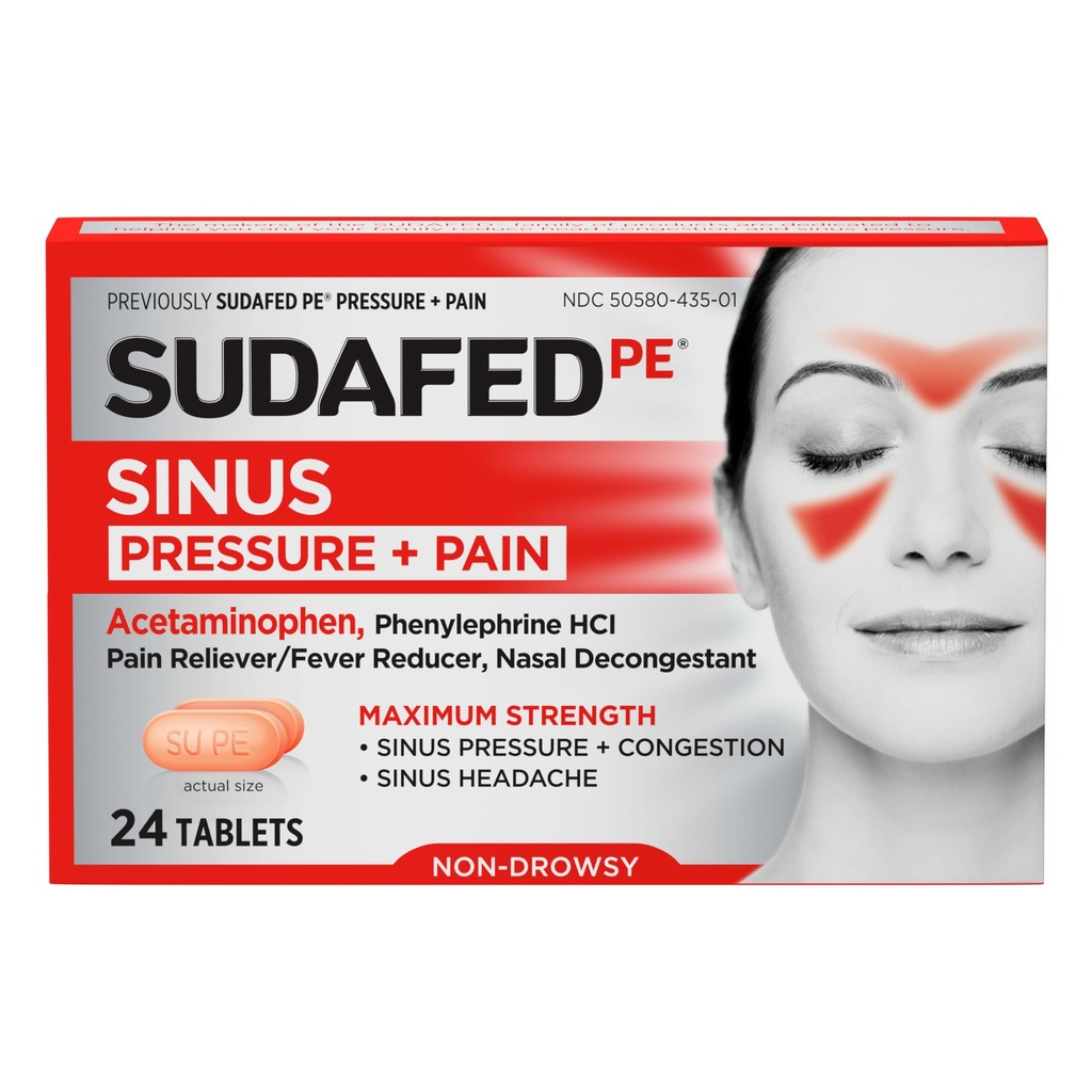 טיפול ב- PE Sinus Pressure + Pain Relief Tablets, כוח מקסימלי, non-Drowsy, OTC Sinus Relief Medicine with Acetaminophen Pain Reliever & Phenylephrine HCl Nasal Decongestant, 24 ctct