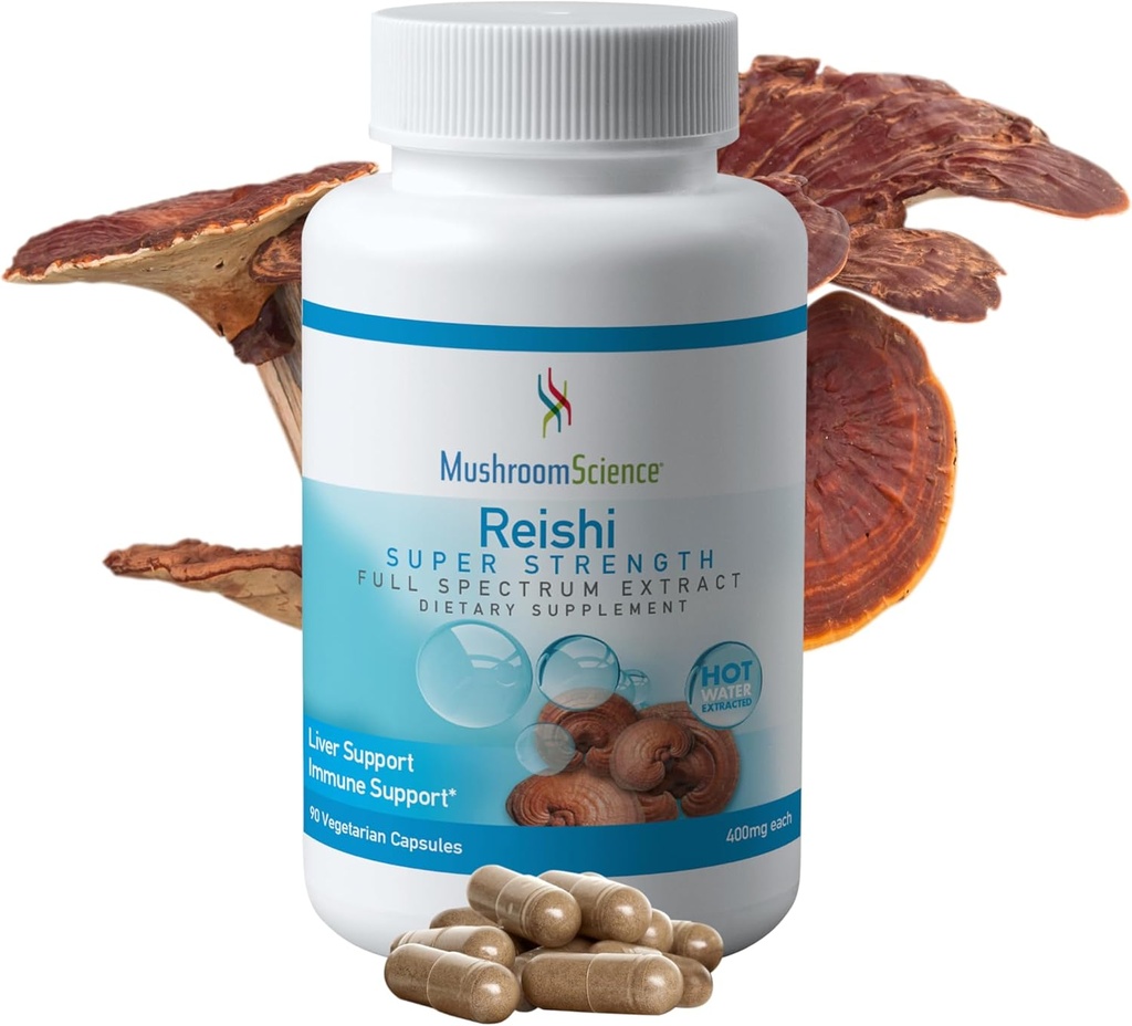 Mushroom Science Reishi Mushroom קפסולות, Super Power Full Spectrum Extracttrum Extract, Natural Mushroom for Adults, Hot Water Extracted Mushrooms, Health Support, Vegetarian, 400MG, 90 CT